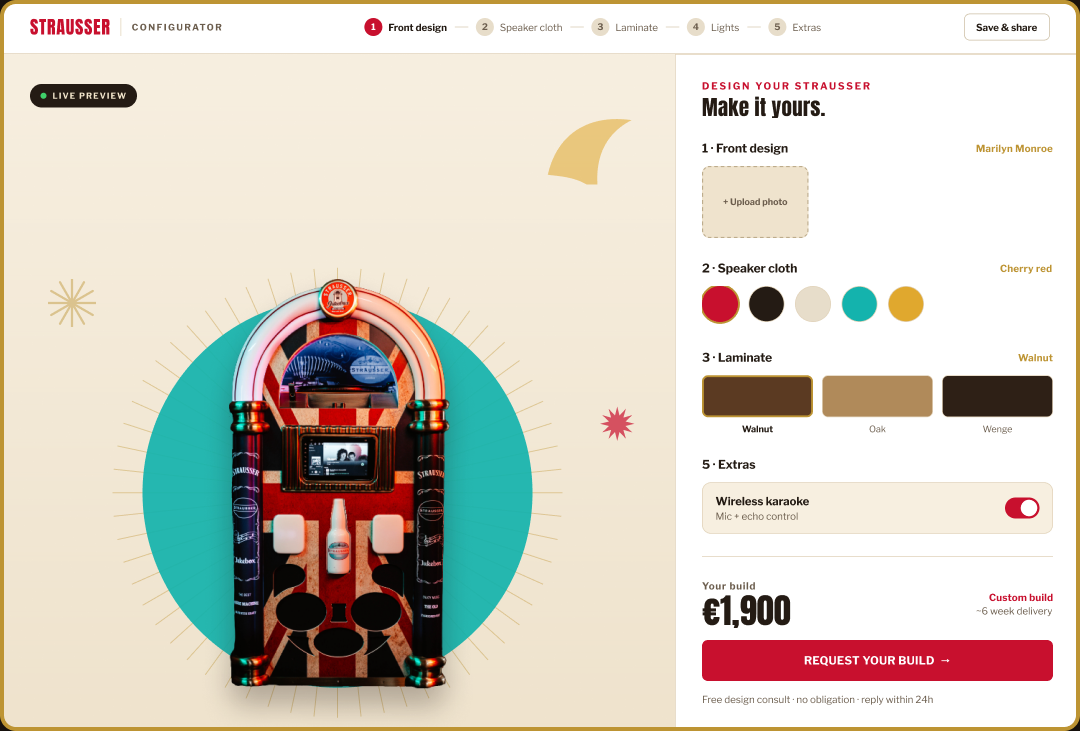 The Strausser configurator — pick your front, cloth, laminate, lights and see your jukebox update live
