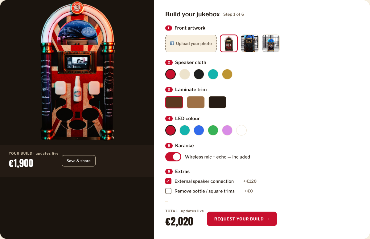 The Strausser configurator — front artwork, speaker cloth, laminate, LED colour, karaoke and extras with a live price